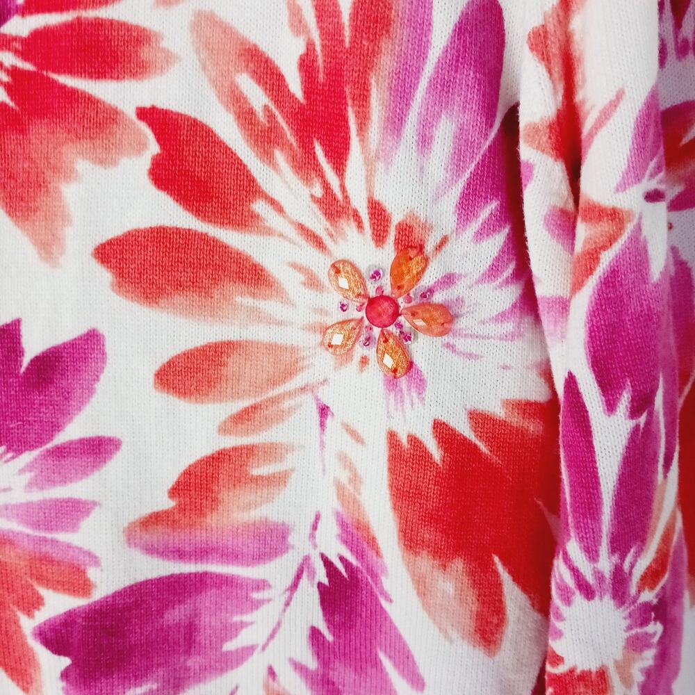 Sweater Cardigan Alfred Dunner MOP Sequin Bead Pink Orange Floral Button Size XL - Picture 6 of 9